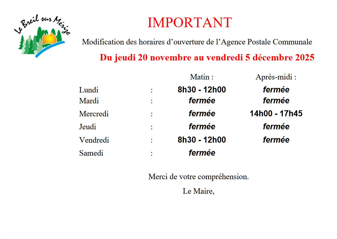 Modification des horaires de l'Agence Postale Communale